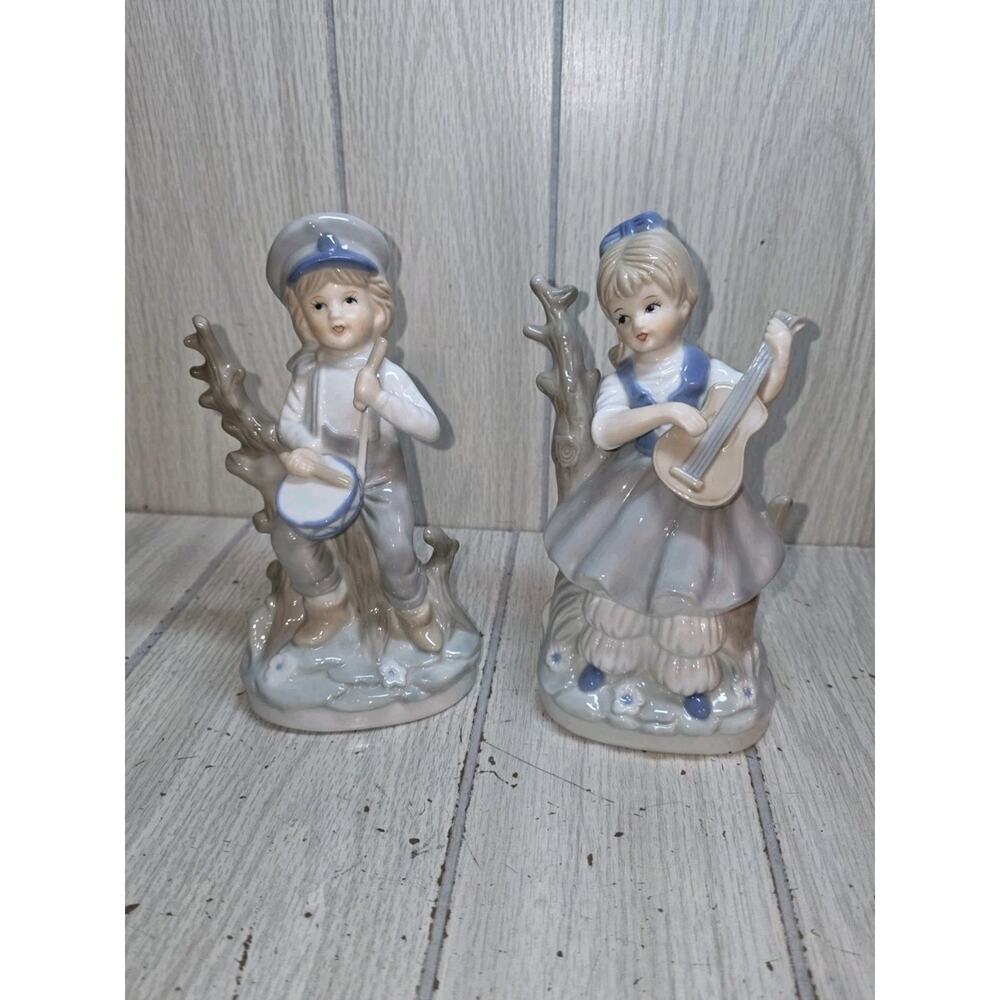 Vintage Dresdner German Drummer Boy & Guitarist Girl Blue White Figurines